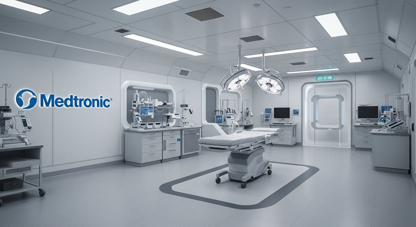 Medtronic logo displayed in a modern medical setting, representing innovation in healthcare.