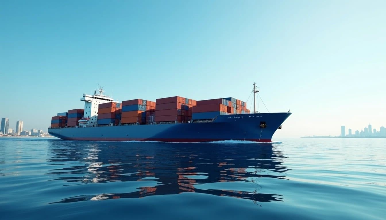 Cargo ship transporting containers across the ocean.