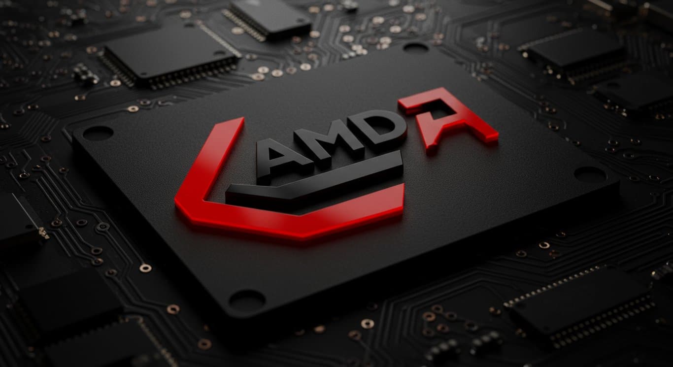 AMD logo on a circuit board background