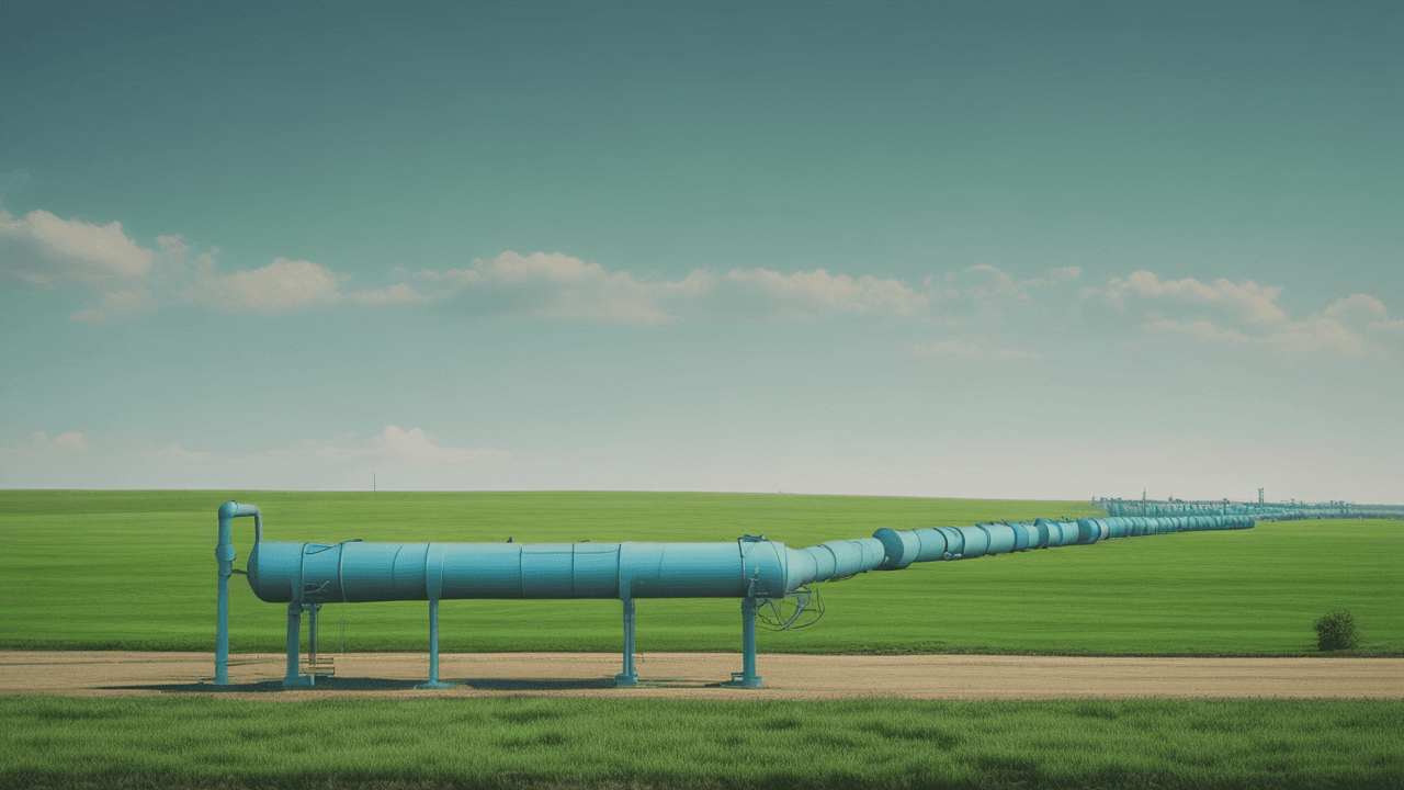 Atmos Energy pipeline stretching across a green field under a clear blue sky. Image representing the company's commitment to safety, reliability, and infrastructure investments.