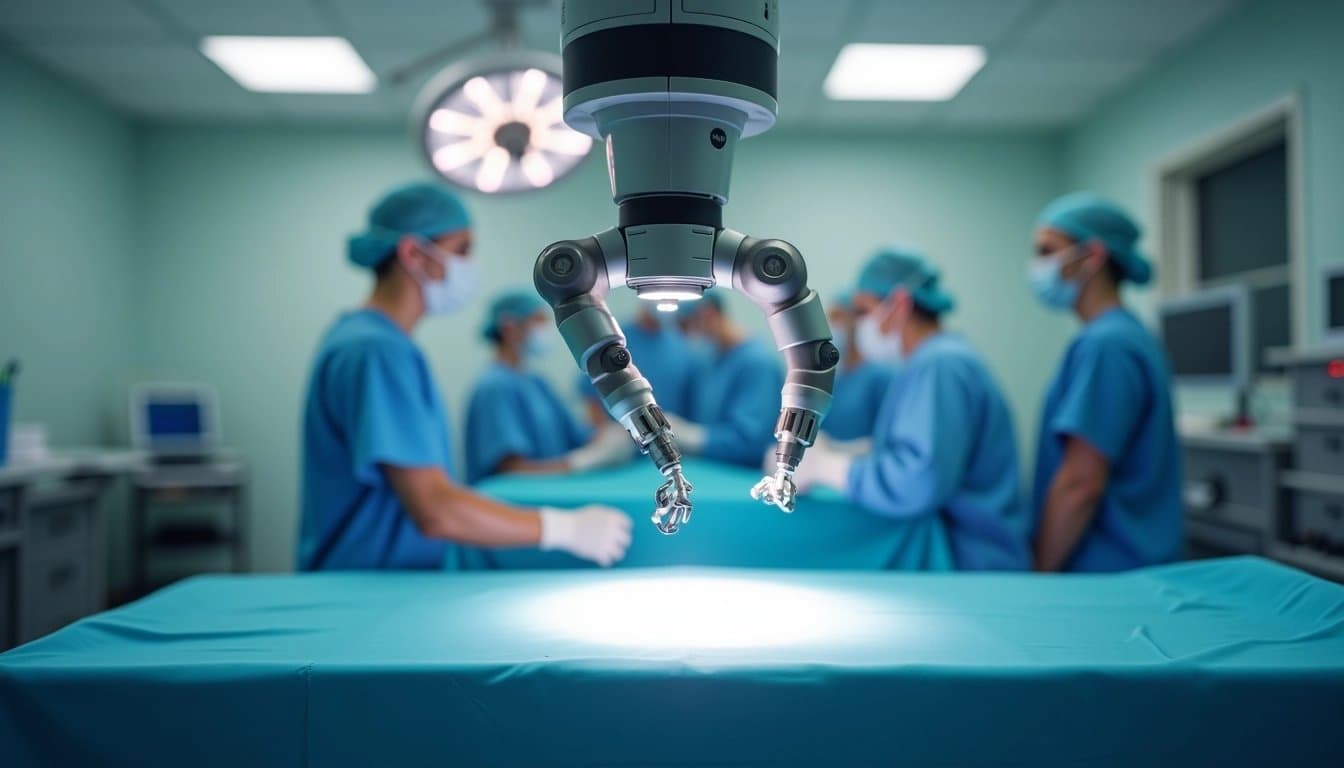 A da Vinci surgical robot in a modern operating room.