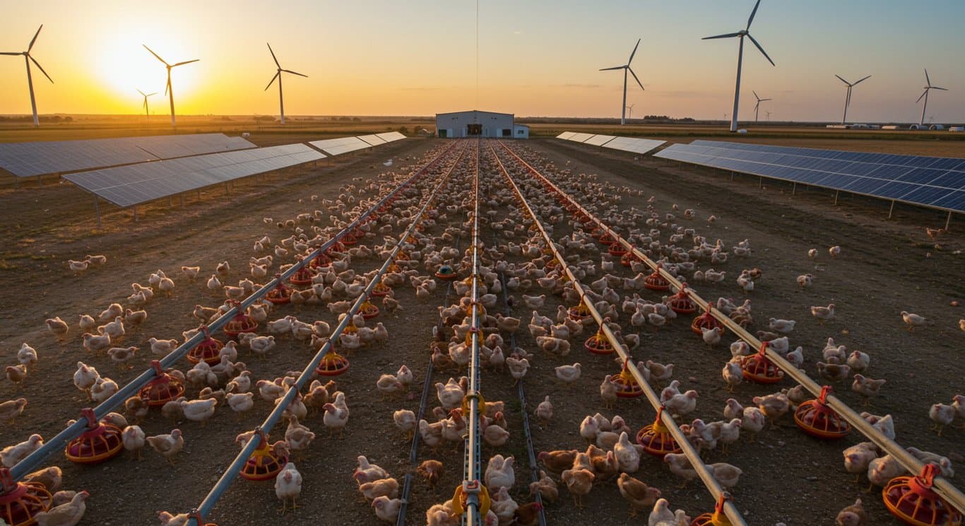 Tyson Foods' agricultural research facility at sunset, showcasing sustainable practices and advanced farming technologies.