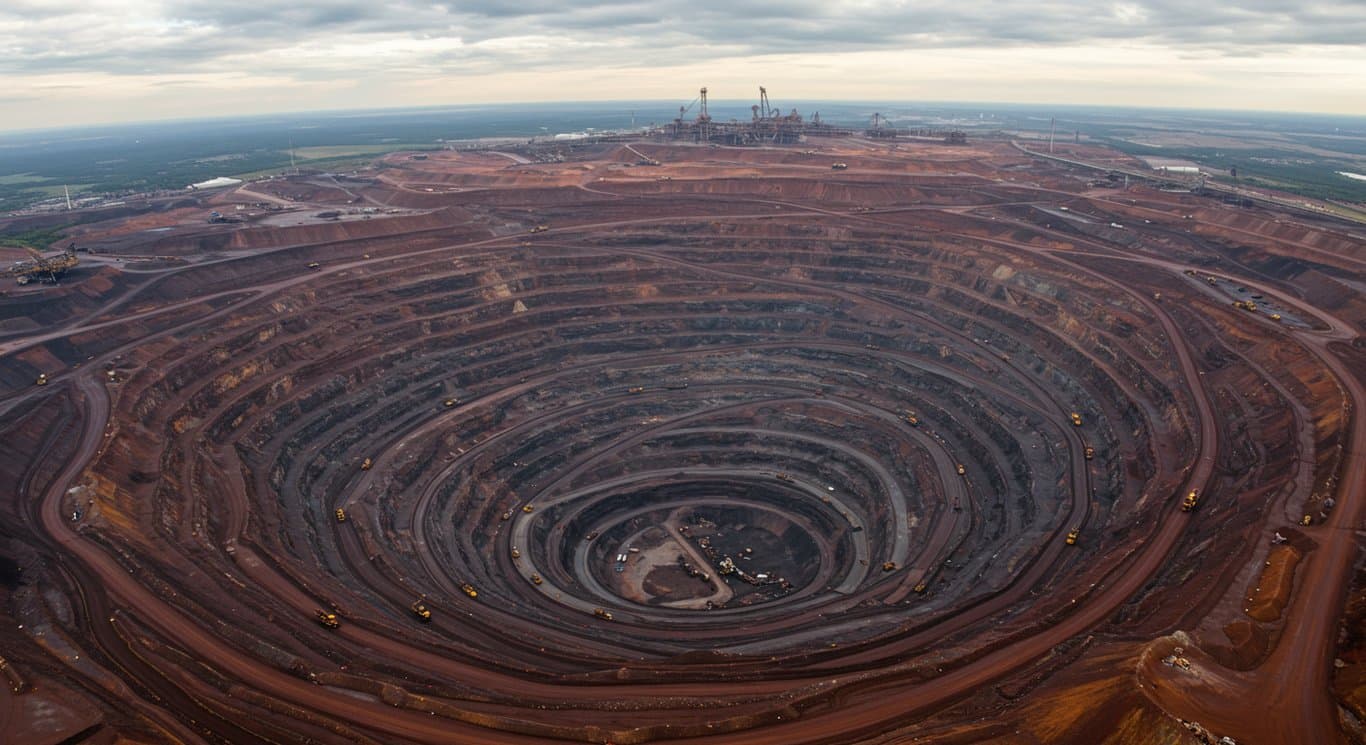 Aerial view of a large iron ore mine, illustrating the scale and industrial activity.