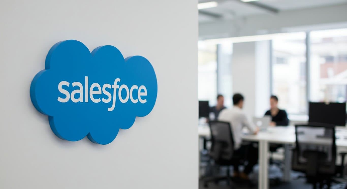 Salesforce logo in a modern office setting, representing innovation.