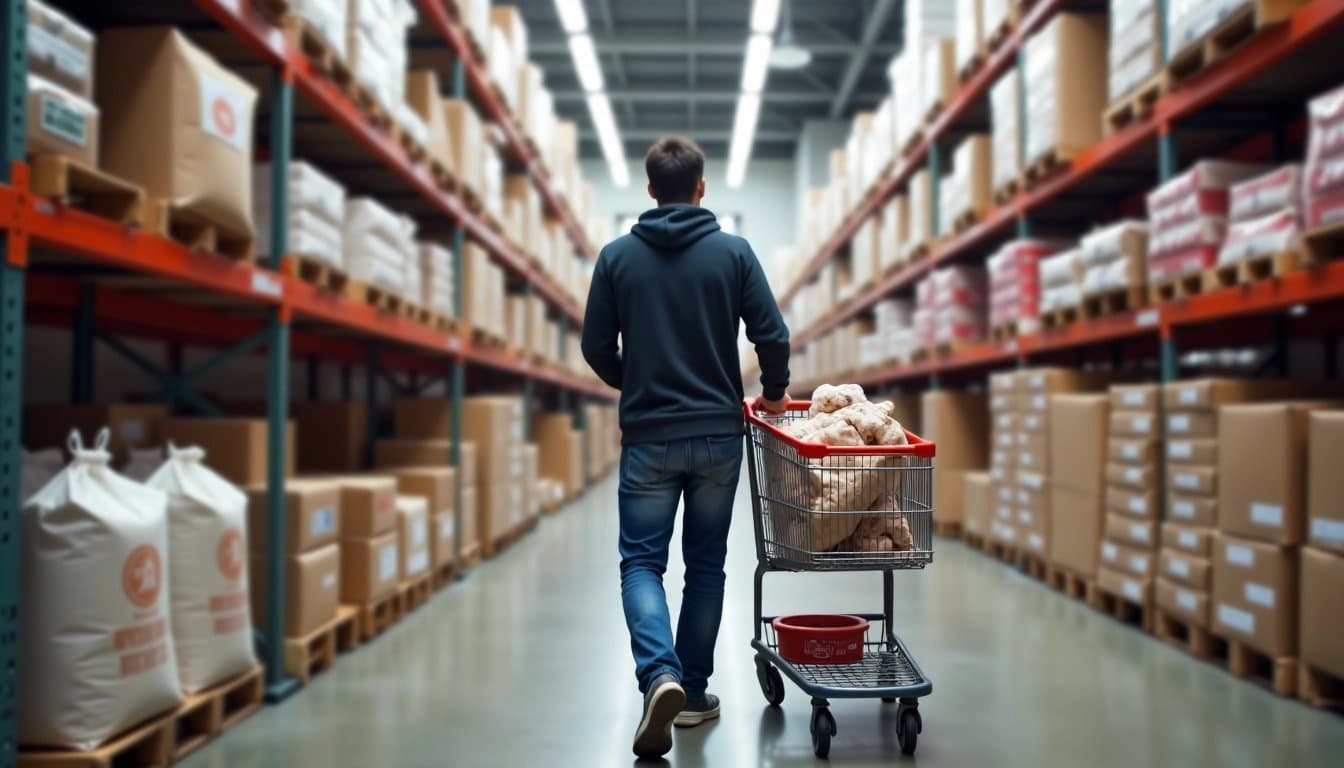 Inside a bustling Costco warehouse, a shopper pushes a cart filled with bulk items.