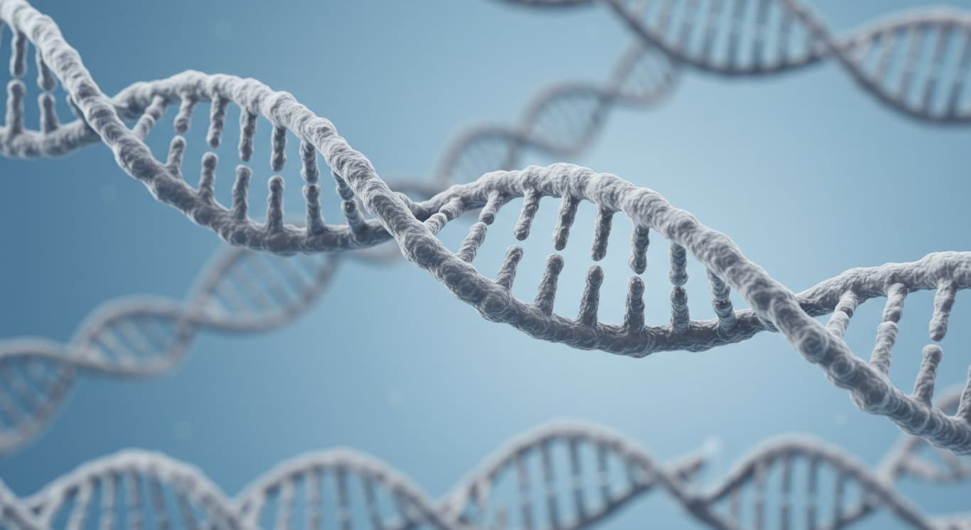 Illustration of intertwined DNA strands representing genome engineering.