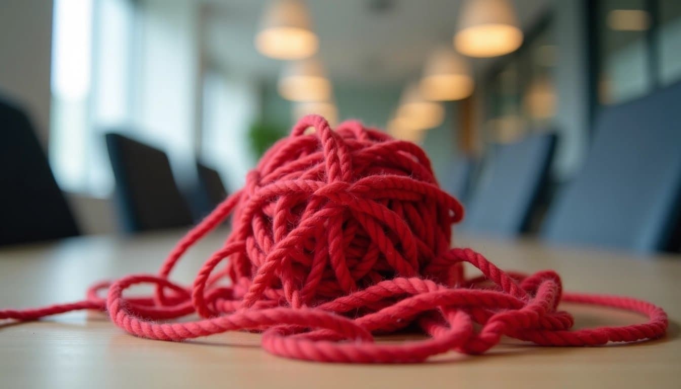 Tangled red yarn symbolizing complex challenges in a corporate setting.