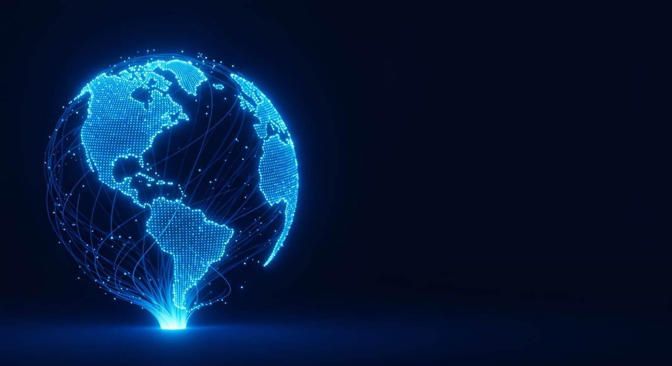 Abstract globe of interconnected fiber optic cables representing global connectivity.