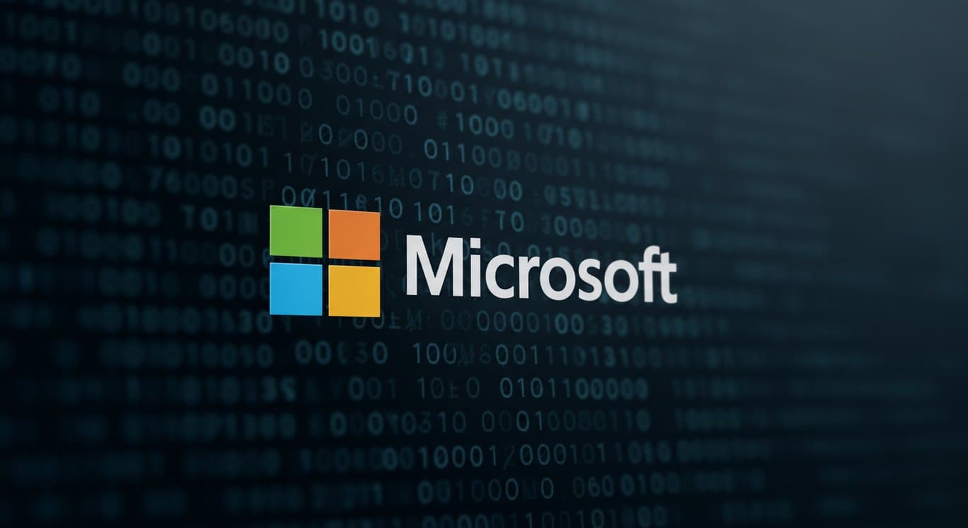 Microsoft logo against a blurred binary code background.