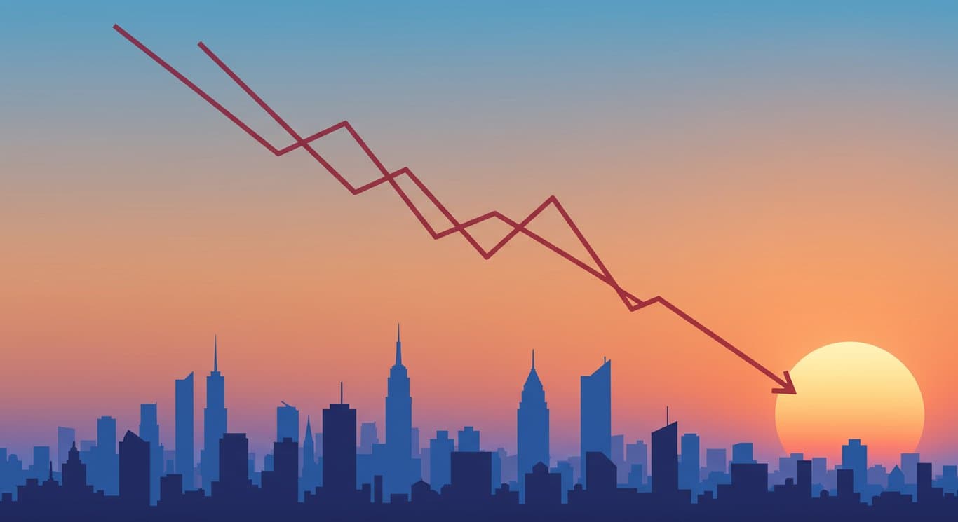 Line graph showing a downward trend against a city backdrop, illustrating financial analysis.