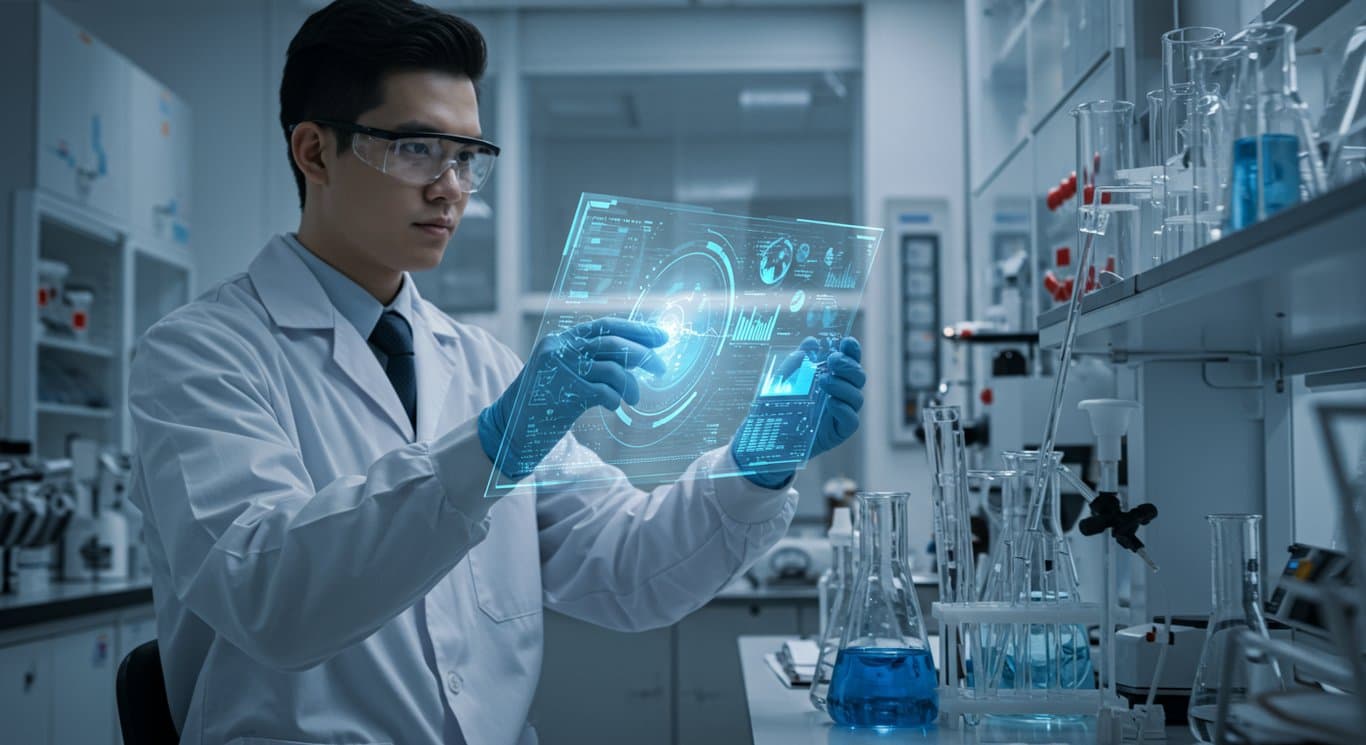 Scientist analyzing data in a high-tech lab, representing innovation in pharmaceuticals and diagnostics.