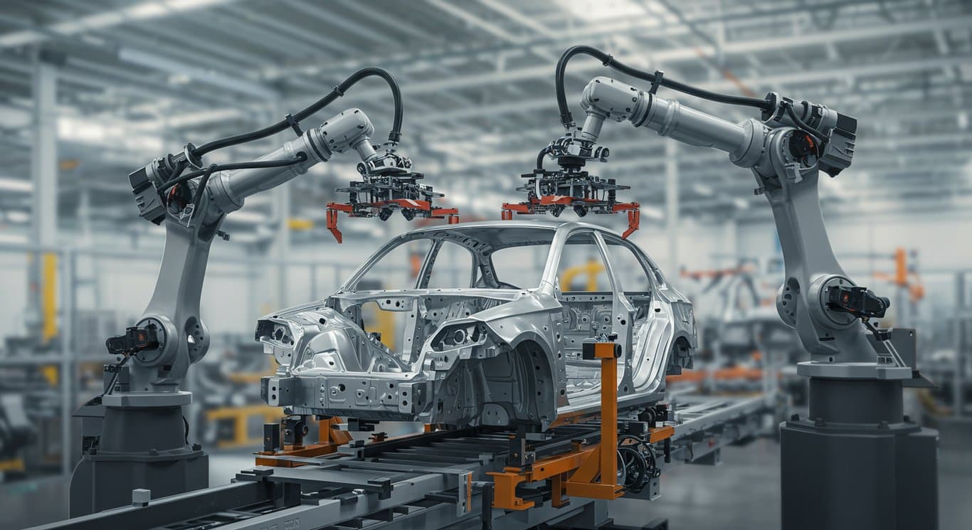 Car chassis being placed by robotic arm in a modern car factory.