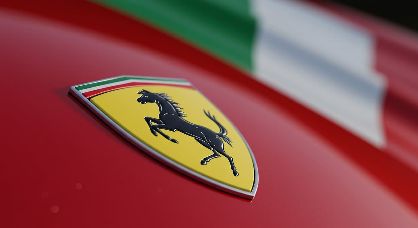 Close-up of the Ferrari logo against the Italian flag, representing luxury and automotive excellence.