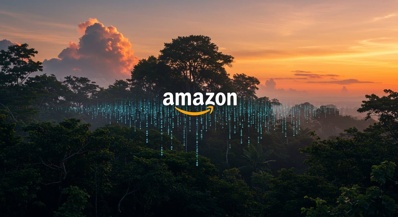 Abstract image representing Amazon's growth, blending rainforest imagery with digital data streams and the Amazon logo.