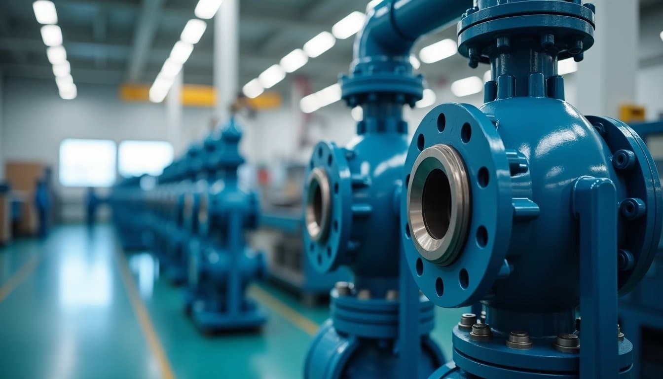 Close-up of industrial pumps and valves in a factory.