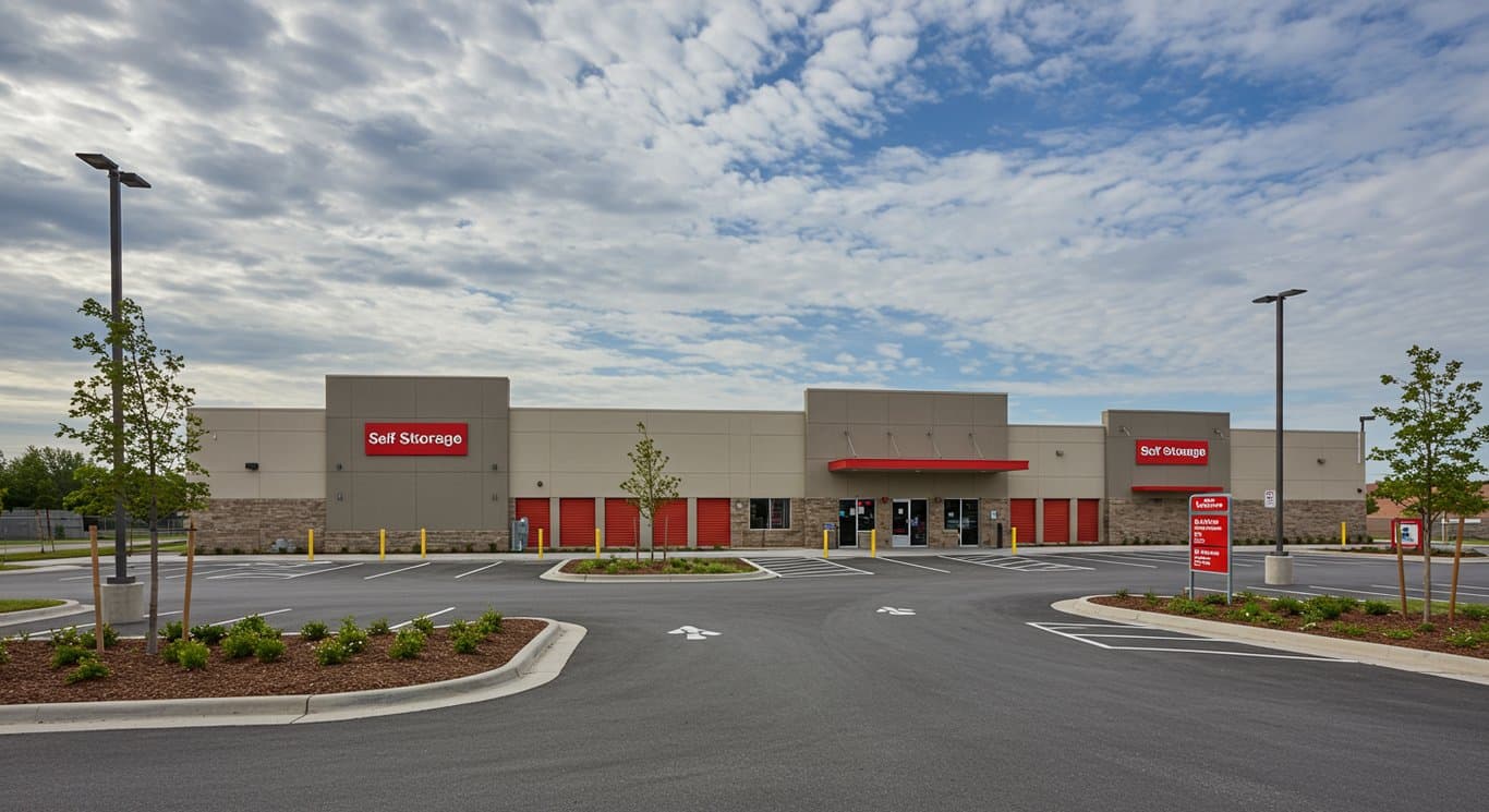 Exterior view of a modern self-storage facility under a clear sky.