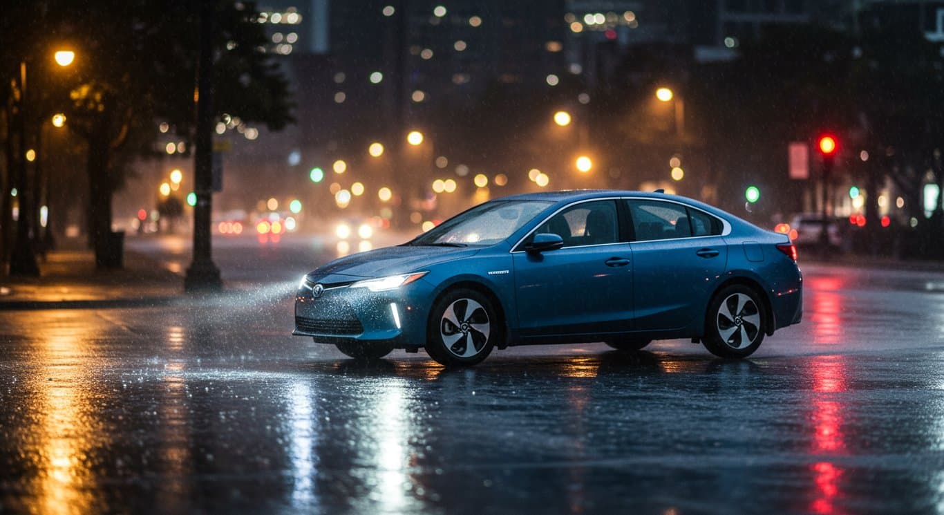 Lyft car driving on a rainy city street at night.