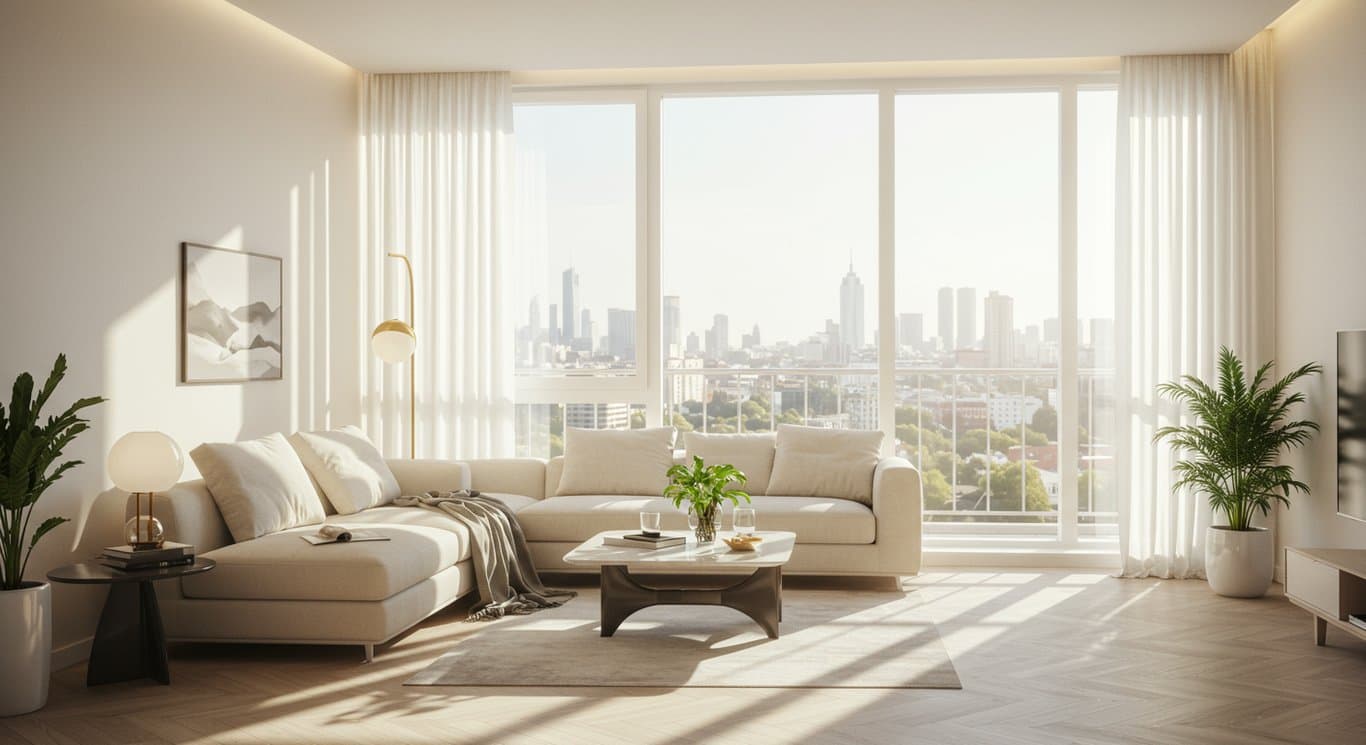 Modern apartment interior with city view.