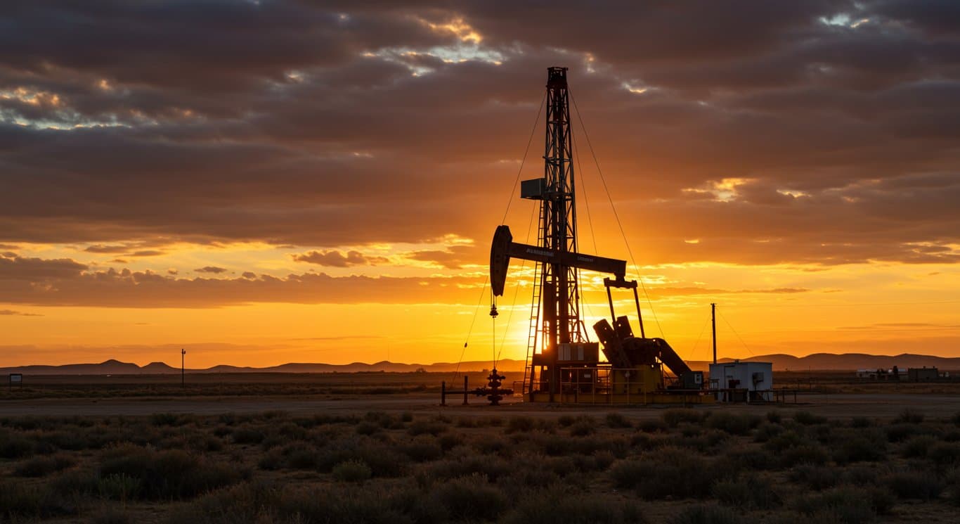 Oil derrick silhouetted against a Permian Basin sunset.