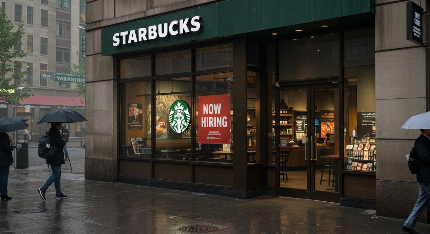 Starbucks store on a rainy day with a 'Now Hiring' sign.