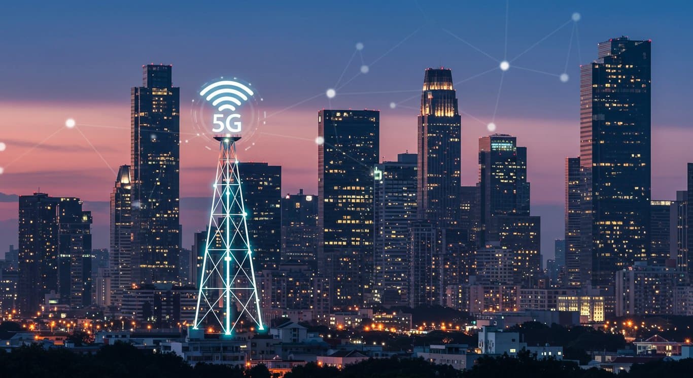 Cityscape at twilight with a stylized 5G tower, representing modern connectivity.