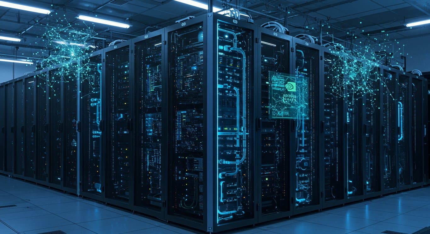 Futuristic data center with NVIDIA Grace Blackwell systems and HPE liquid cooling, representing the future of AI computing.