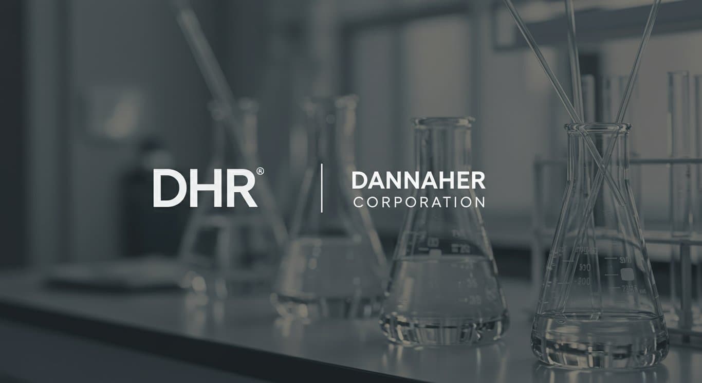 Danaher Corporation logo with laboratory equipment background.