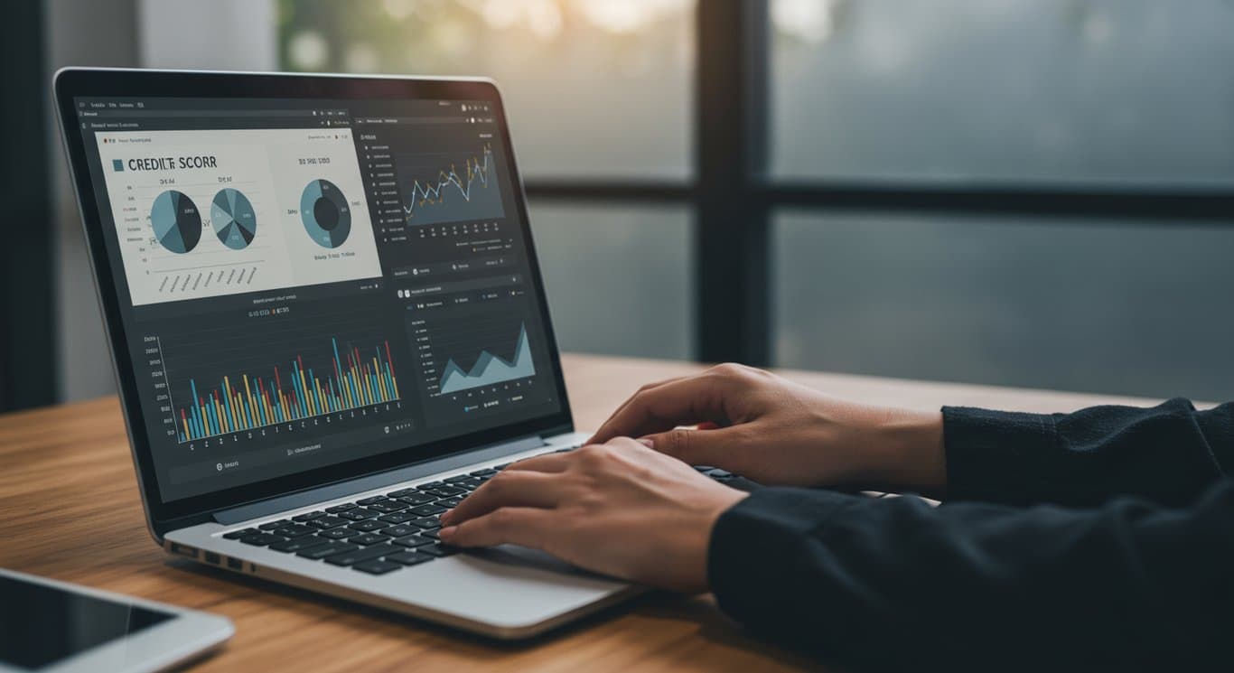 A person analyzing financial data related to credit scores and market trends on a laptop in a modern office.