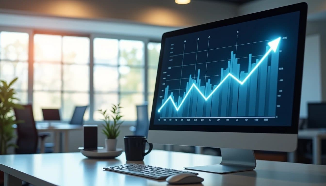 Graph trending upwards on a monitor, symbolizing financial growth.