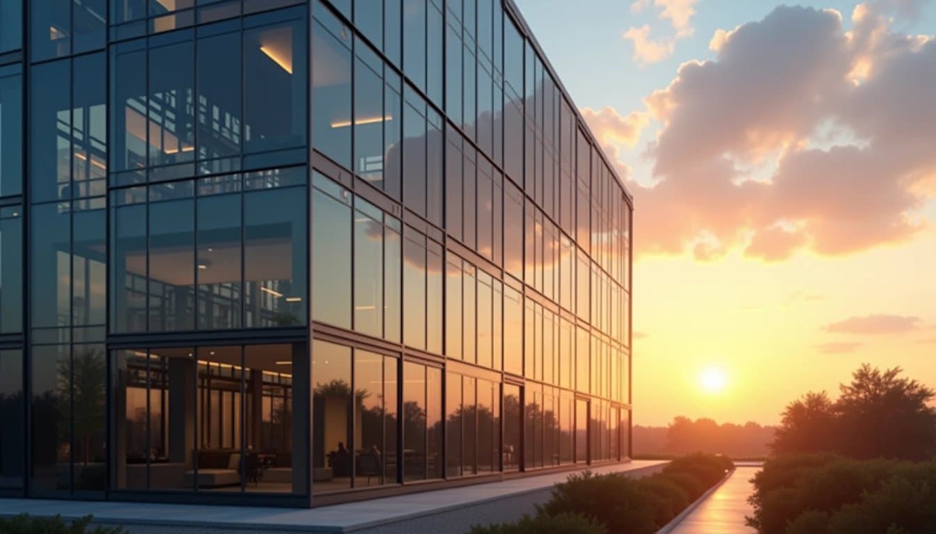 Modern office building reflecting a sunset.