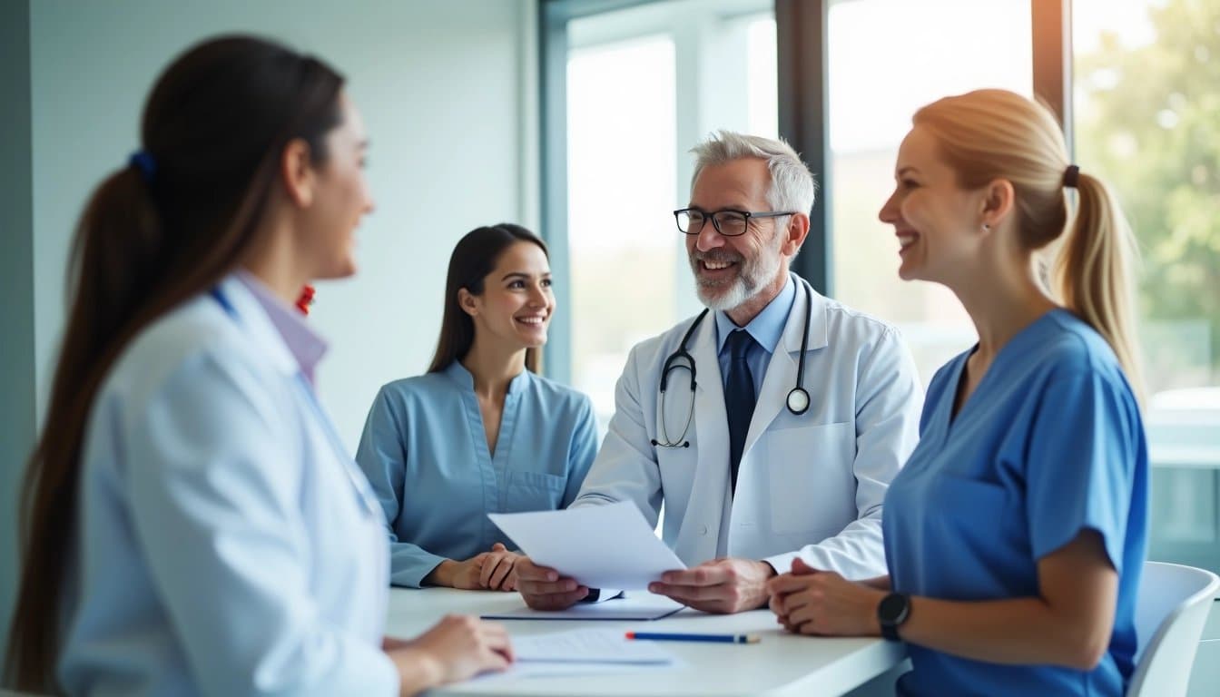 Diverse healthcare professionals and patients in a modern medical office, symbolizing care and collaboration.