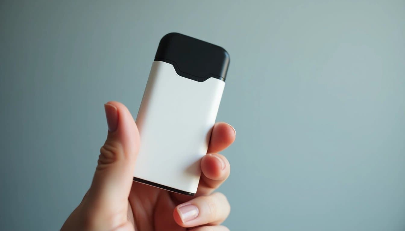 Hand holding a modern nicotine pouch package with blurred background.