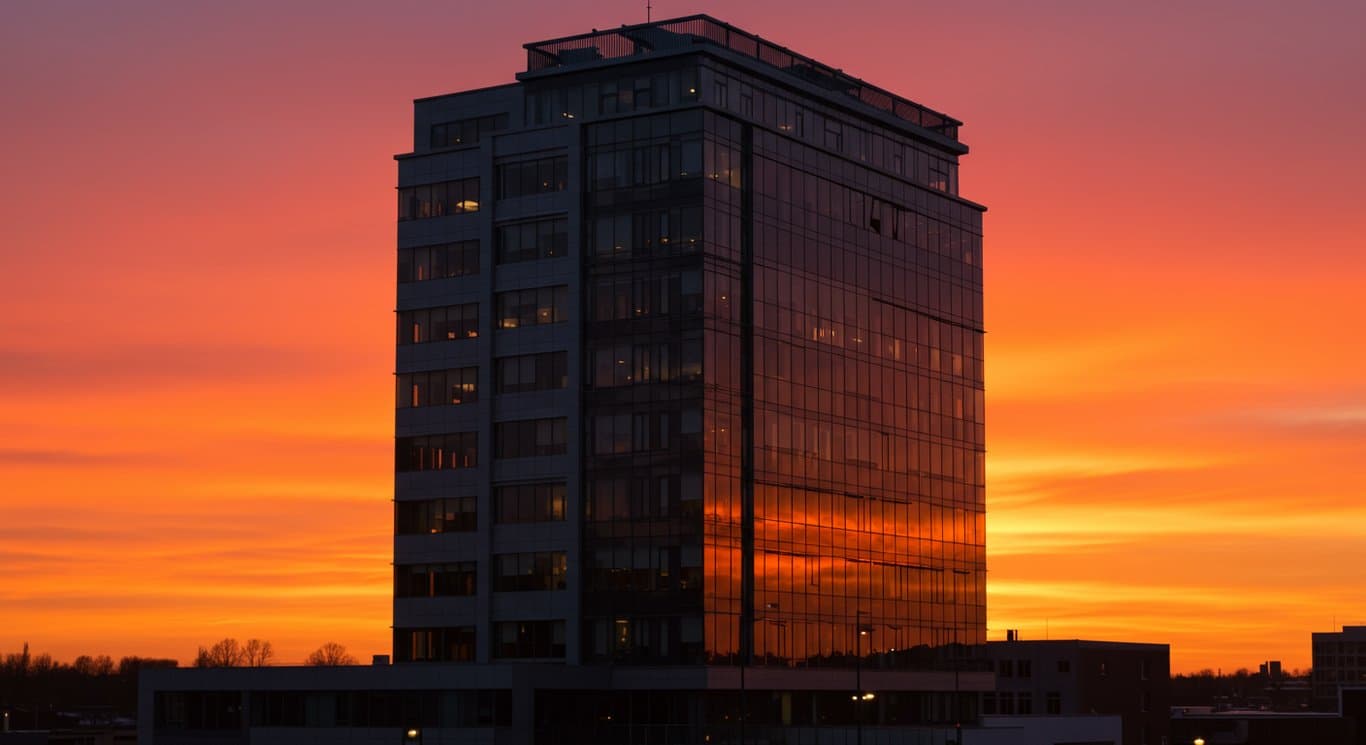 Modern glass office building at sunset, symbolizing commercial real estate success.