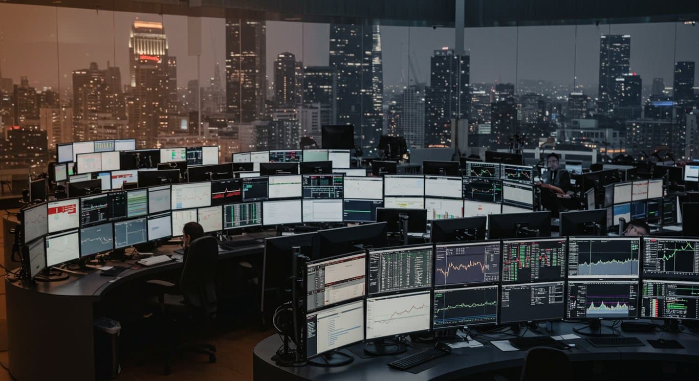 Modern financial trading floor with active traders and data screens.