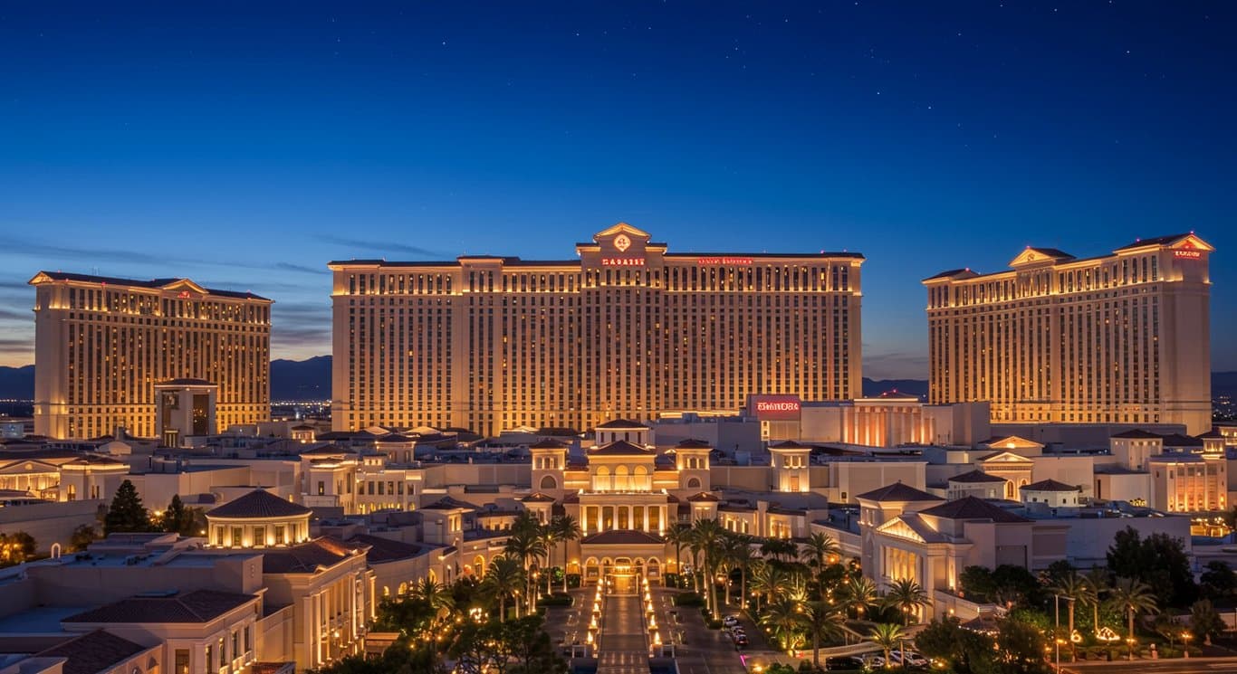 Night view of iconic casinos with a dark blue sky and visible stars.