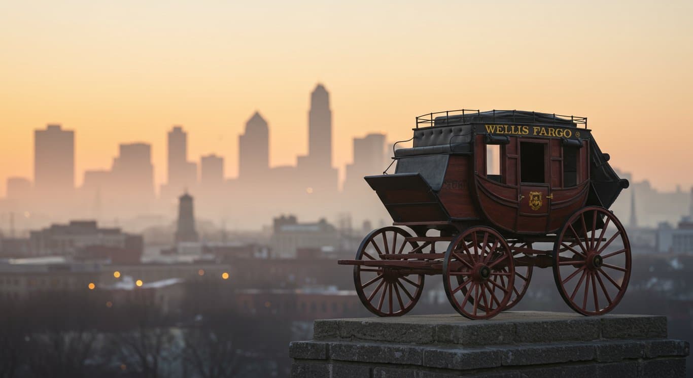 Wells Fargo stagecoach logo against a cityscape background.