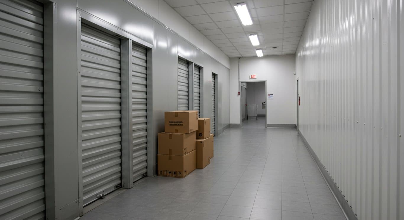 Interior of a clean, well-lit self-storage unit with a few boxes.