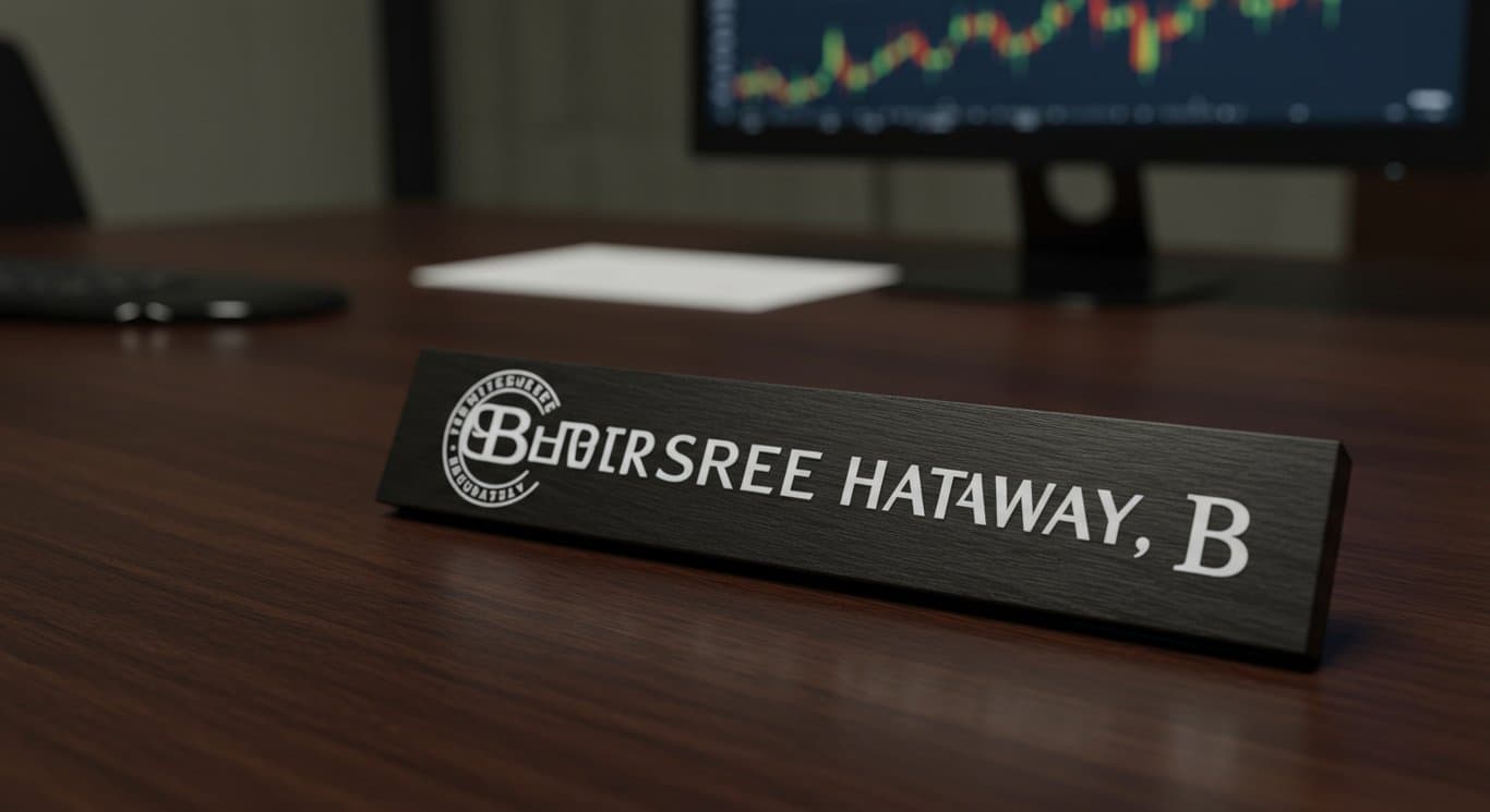 Berkshire Hathaway logo on a desk with financial data in background.