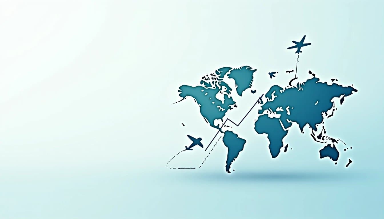 Stylized world map with a rising graph and airplanes, symbolizing travel industry growth.