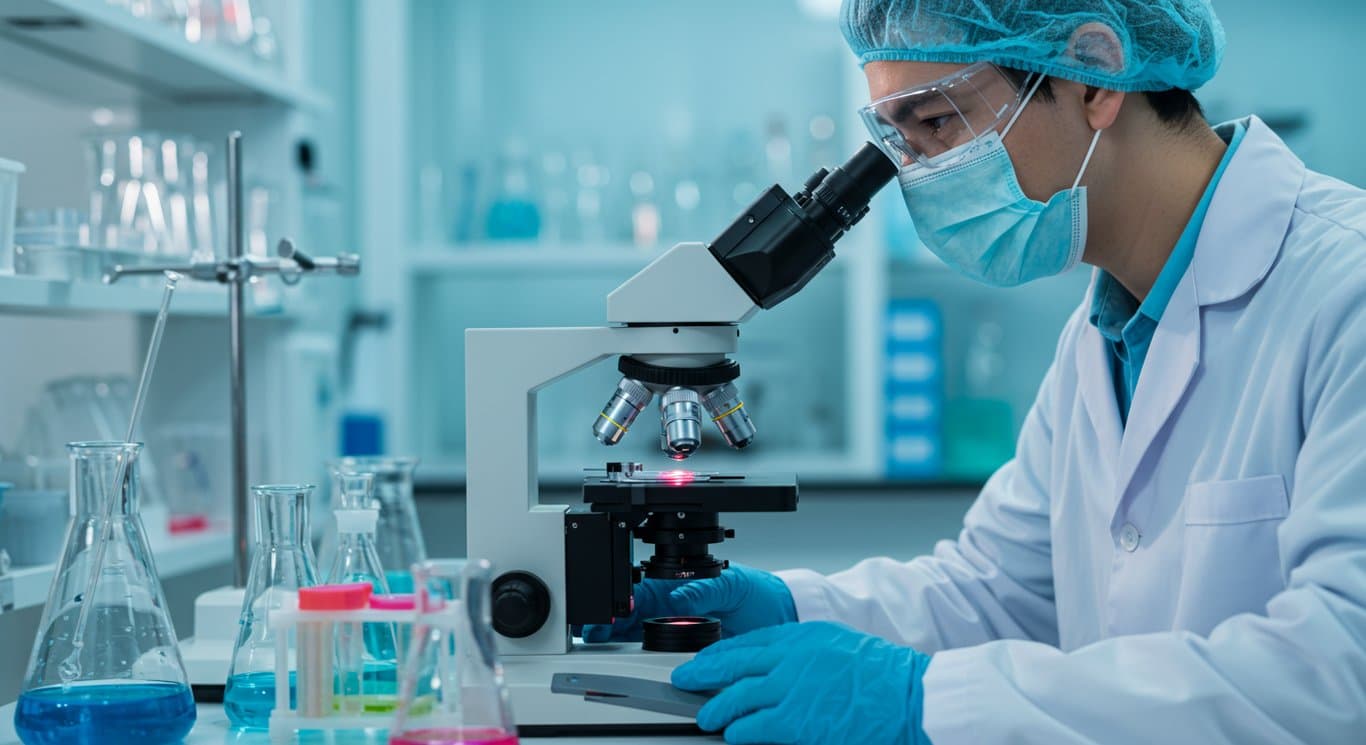 Scientist using a high-tech microscope in a modern laboratory.