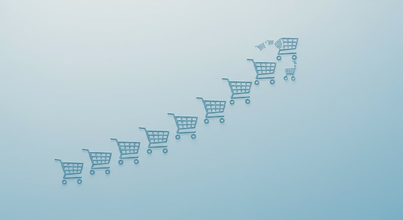 Stylized upward arrow made of shopping carts, representing growth in e-commerce.