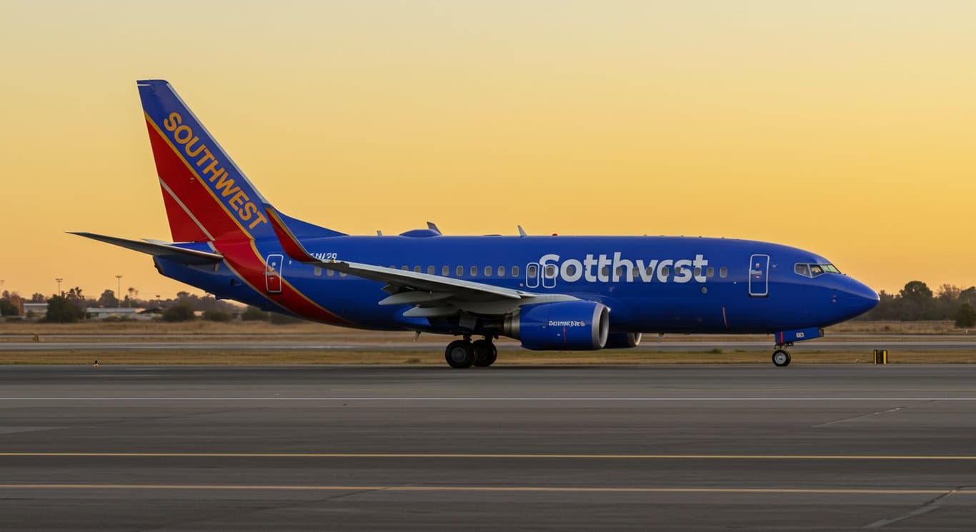 Southwest Airlines plane on runway during sunset.