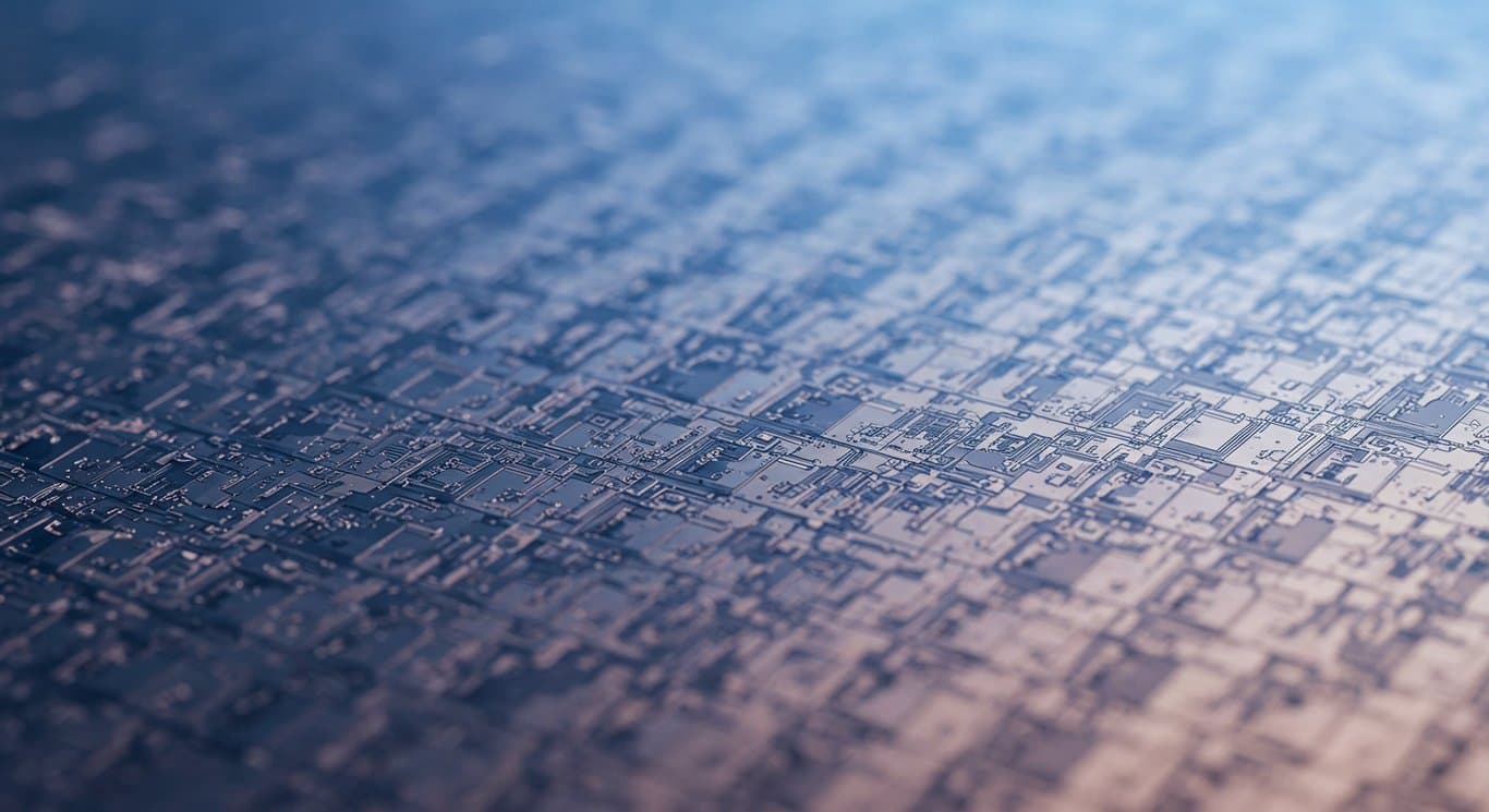 Close-up of a silicon wafer with microchip patterns.