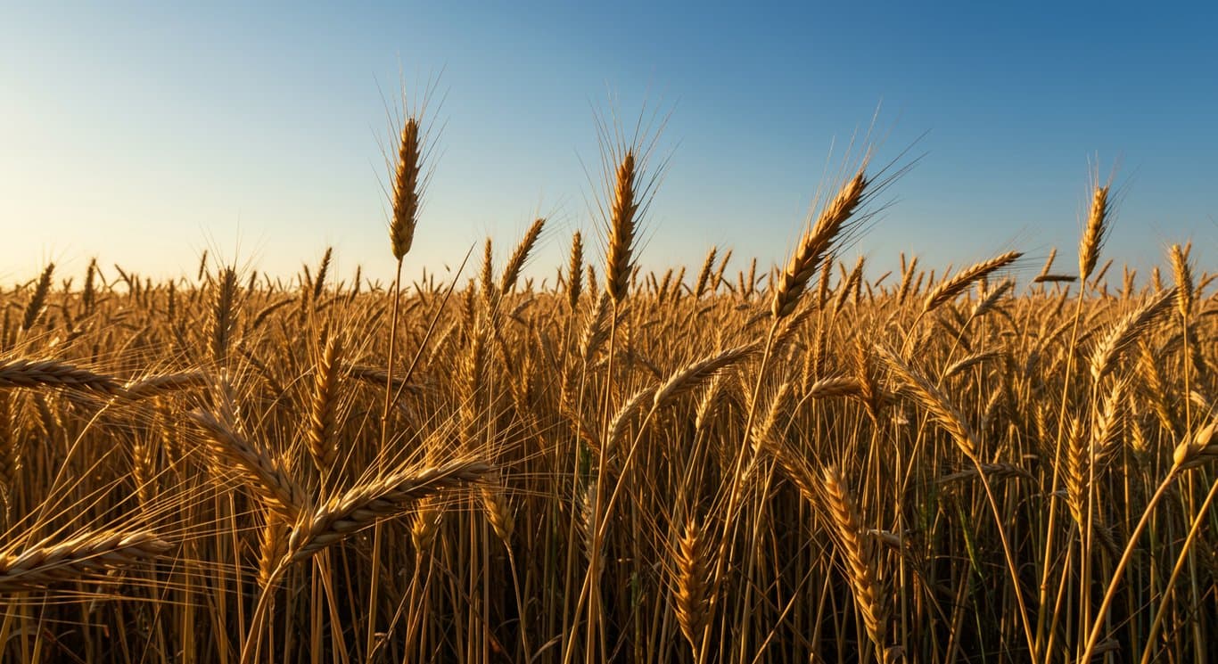 Golden wheat field ready for harvest under a blue sky.