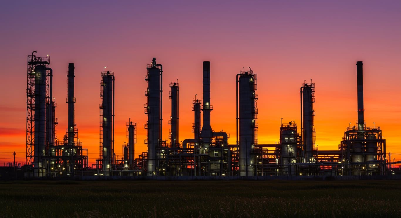 Chemical plant at sunset with orange sky, pipes, and grass field.