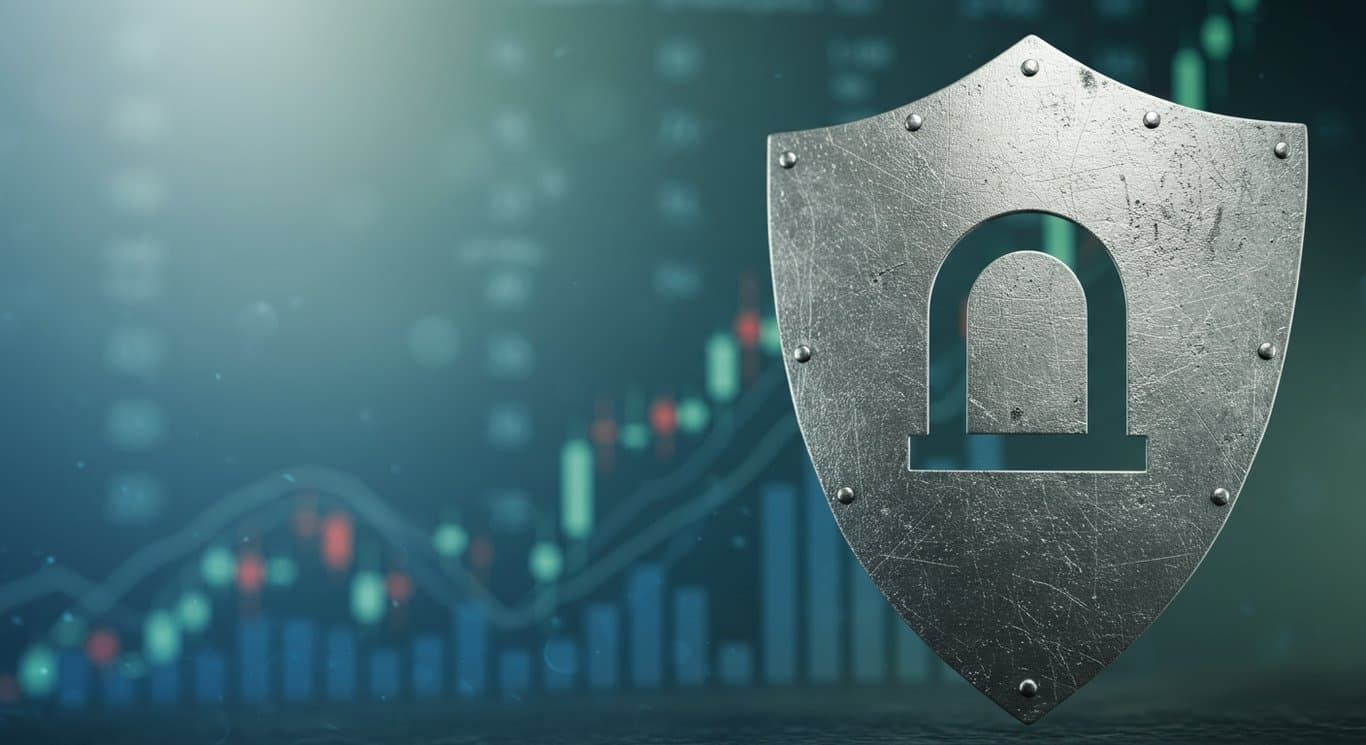 Resilient shield against a backdrop of financial data, symbolizing stability and protection in the financial sector.