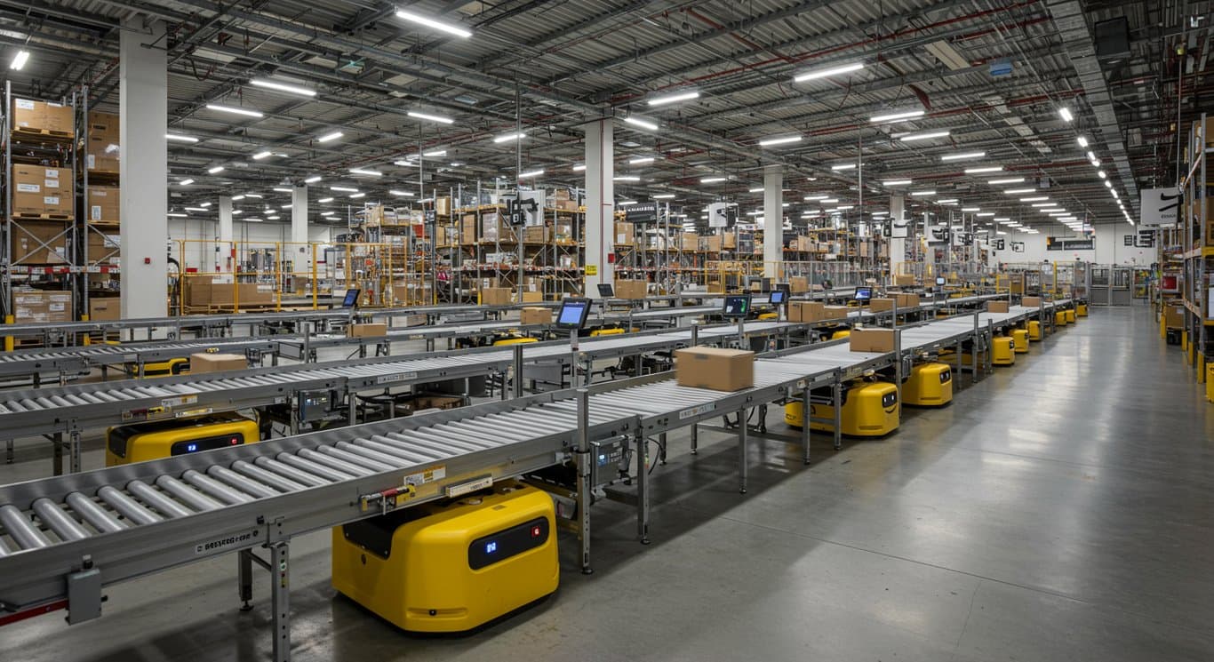 Robots efficiently sorting packages in a brightly lit Amazon fulfillment center.