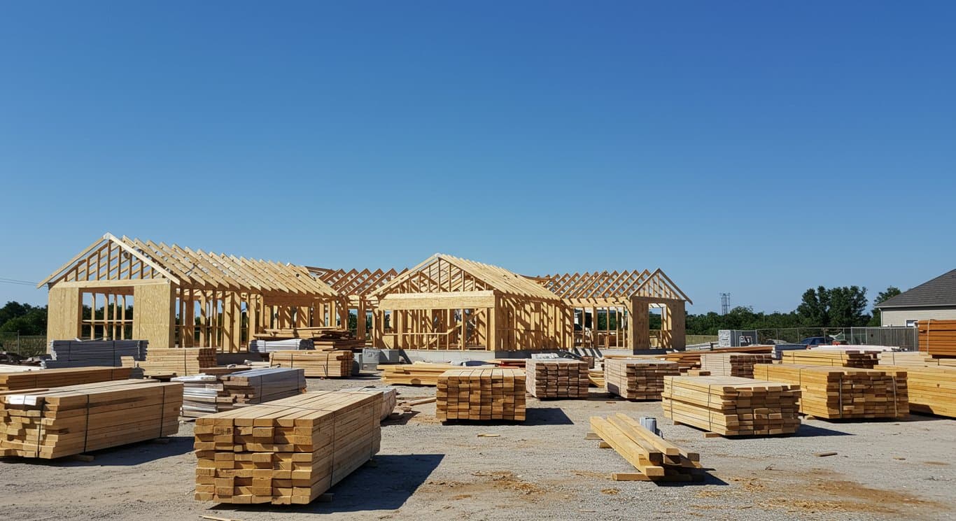 Construction site with lumber and a house frame under a blue sky.