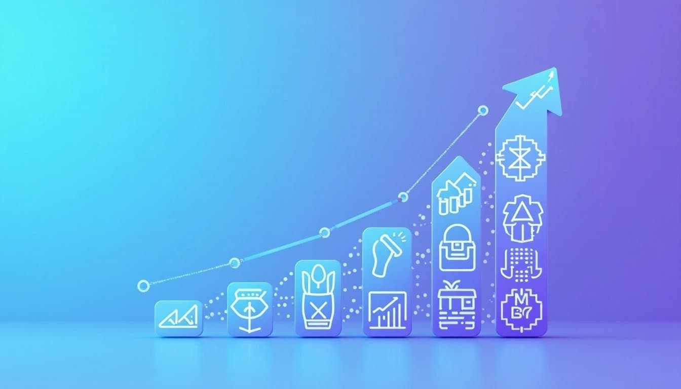 Stylized arrow made of digital icons, symbolizing growth and innovation in fintech.