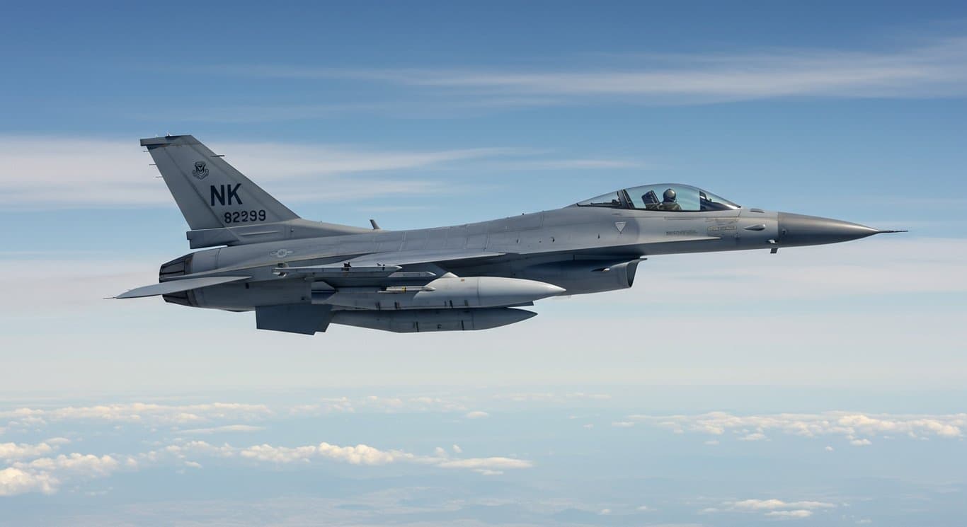 Lockheed Martin F-16 fighter jet in flight against a blue sky backdrop.